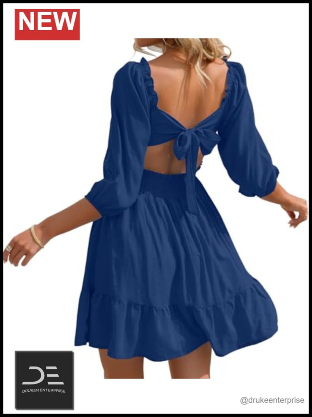 Women's Square Neck Tie Back A Line Mini Dress Lantern Sleeve Casual